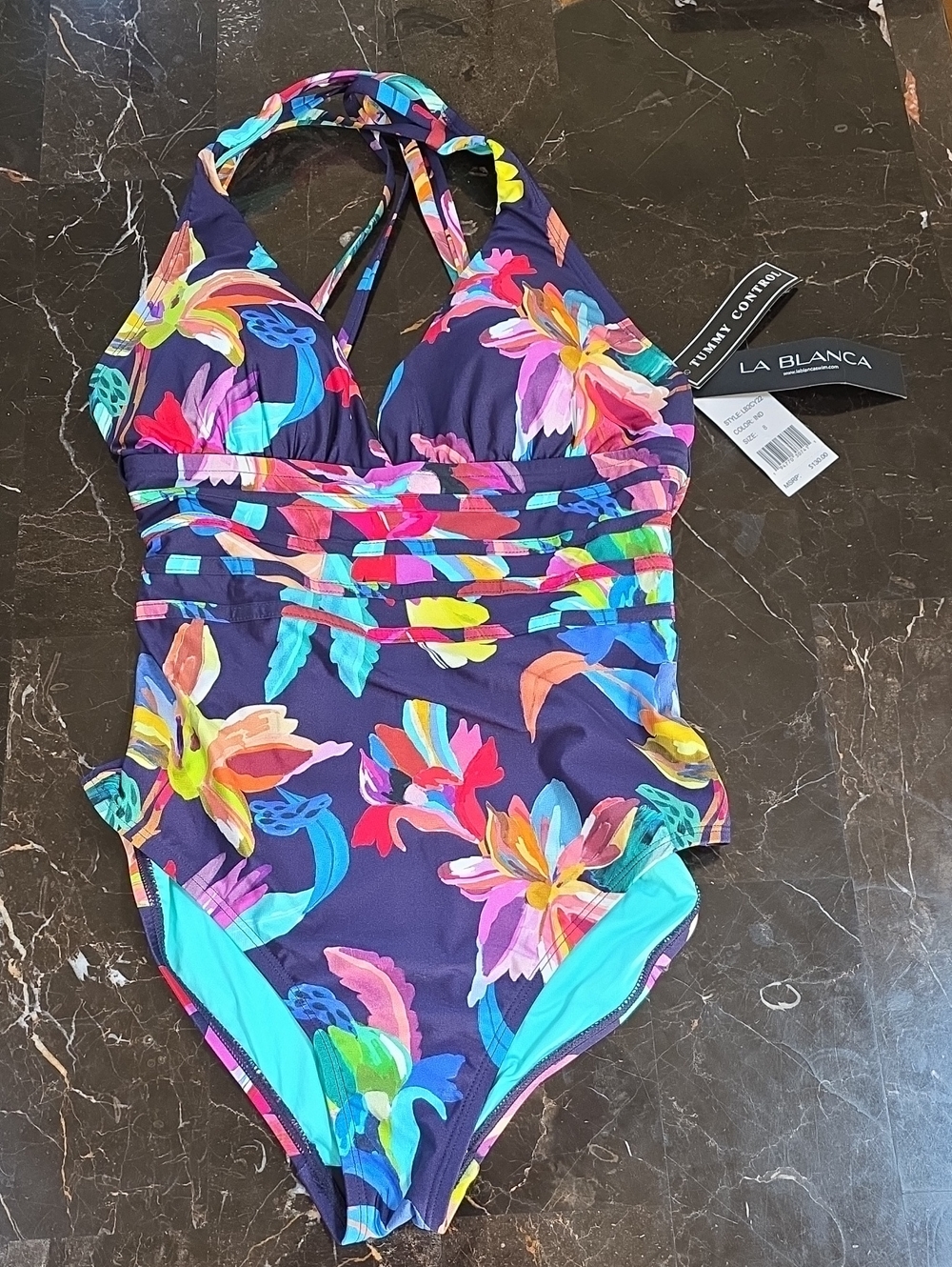 La Blanca Navy One-Piece Swimsuit with Bright Floral Print NWT